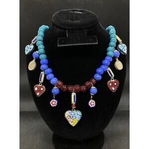 Handcrafted Multicolored Glass Bead Necklace With Millefiori Bead Charms 26”